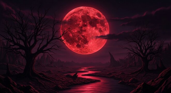 Red moon night landscape