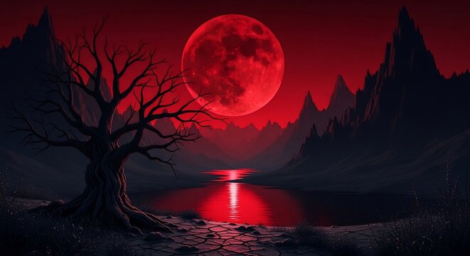 Red moon landscape illustration