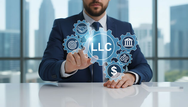 Businessman Interacting with LLC Structure and Business Management Gear System Icons
