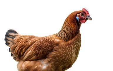 Fototapeta premium A brown chicken standing alone on a white background looking sideways