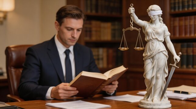 Lawyer reading book with lady justice statue on desk. Professional attorney studying legal case in office library. Concept of law, justice system, legal advice, trial and litigation.