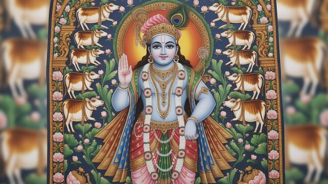 Traditional devotional artwork of Shreenathji in classical Pichwai painting style with ornate jewelry, peacock feather crown, sacred cows and lotus motifs inspired by Rajasthani temple art heritage
