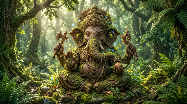 Majestic ancient stone statue of the Hindu deity Ganesha intricately carved and completely overgrown with vibrant green moss and small wildflowers nestled deep within a mystical sunlit jungle