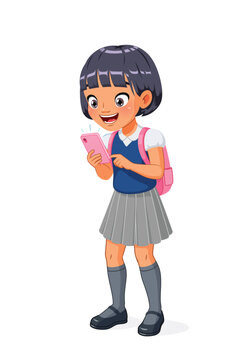 Happy young Asian school girl looking excitedly at her mobile phone. Cartoon vector illustration.