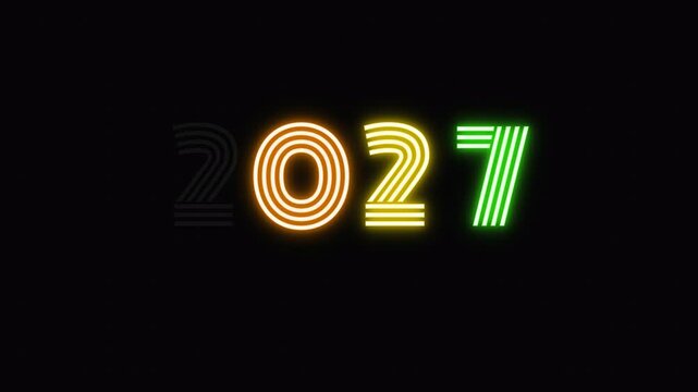 Dazzling Cyan neon text animation of "2027" against a dark textured wall. Realistic flickering and luminescence for commercial signage. 4K Resolution available for microstock use.