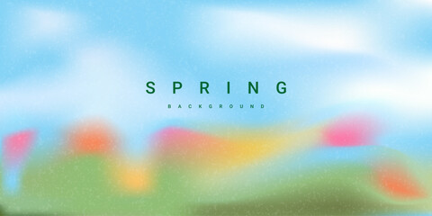 Blurred spring flower field background with gradient ethereal effect. Red, pink and yellow blooms and subtle grainy texture.