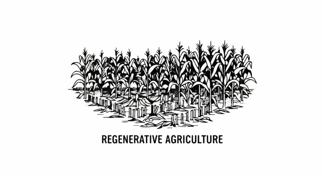 Black and white illustration of a dense cornfield with stalks and leaves, text below