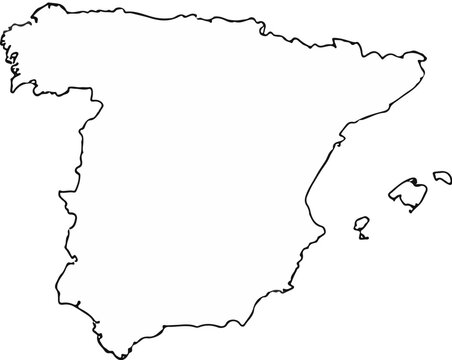 Black outline map of the Iberian Peninsula, showing islands