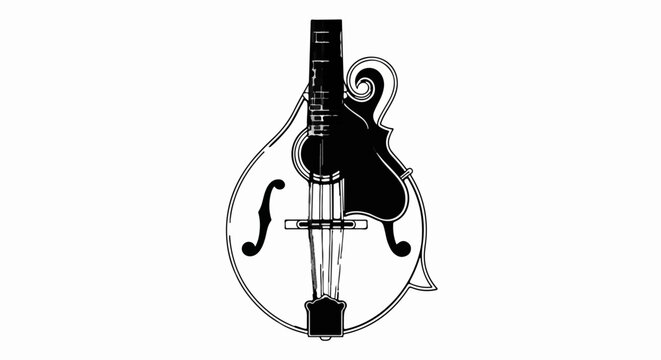 Black and white illustration of a mandolin with a scroll headstock