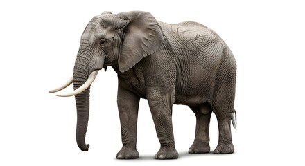 Obraz premium A large gray elephant with tusks stands on a white background in a studio setting