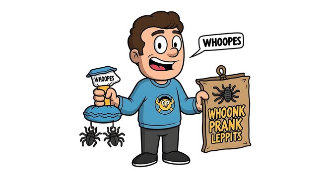 Cartoon man holding novelty items with bug and gag related words