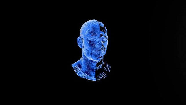 Animated block particles forming human head, illustrating Artificial Intelligence, Alpha Channel