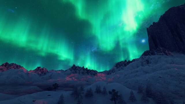 Dancing Aether Energy Illuminates Mountain Range Under the Aurora Borealis at Night