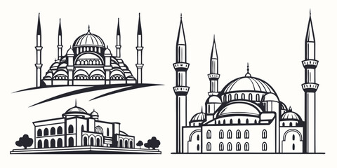 Intricate illustrations of historic mosques with domes and minarets © H
