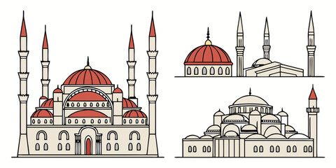 Detailed illustration of three iconic mosques with minarets and domes © H