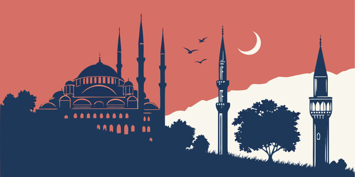 Silhouette of the blue mosque and minarets against a sunset sky with a crescent moon