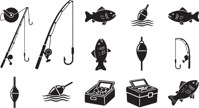 Fishing icons and equipment on a white background illustration