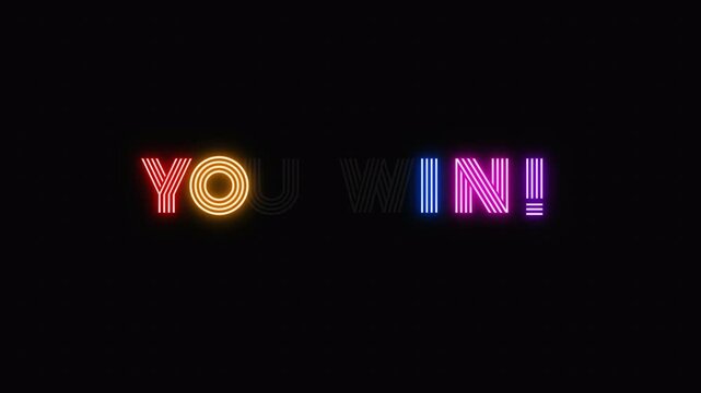 Modern vibrant neon sign board with "YOU WIN!" lettering. Featuring a classic electric flicker. Best for retro bar decor and marketing videos.