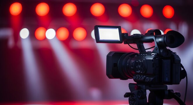 A professional video camera on a tripod in a studio with red lights