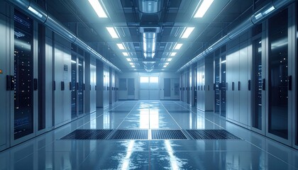 Fototapeta premium Modern Data Center Interior with Server Racks and Bright Lighting