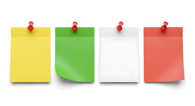 Four colorful sticky notes pinned on a white background for organization and reminders