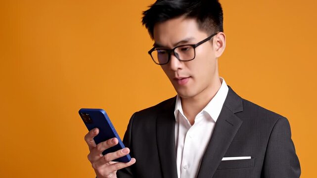 Professional man in suit using smartphone against orange background.