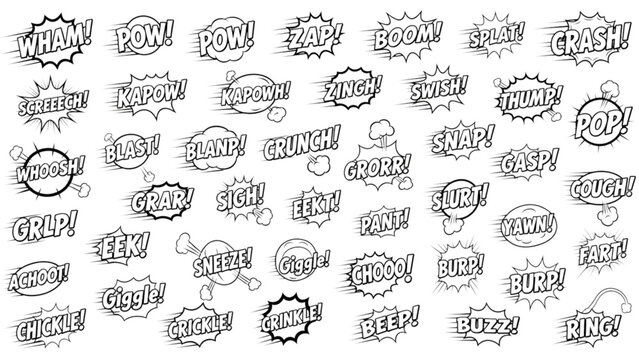 Comic book sound effects illustrated in various speech bubbles and shapes