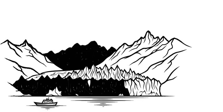 Black and white illustration of a vast glacier beneath jagged mountains with a small boat on calm water