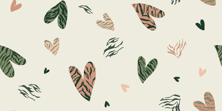Cute Zebra Stripe Hearts Seamless Pattern in Green and Peach Tones for Nursery Decor Scrapbook Paper Wrapping Paper and Fashion Textile