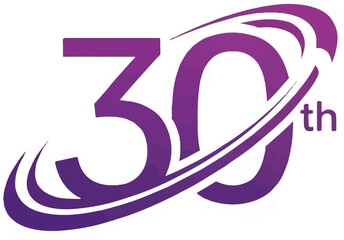 Bold purple 30th with abstract swooshes signifying progress