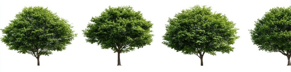 Obraz premium Four green trees with lush foliage and brown trunks against a white background