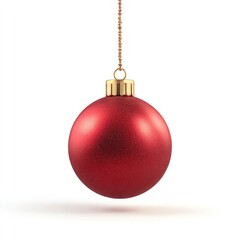 A single, red, frosted Christmas ornament hangs suspended by a gold chain against white