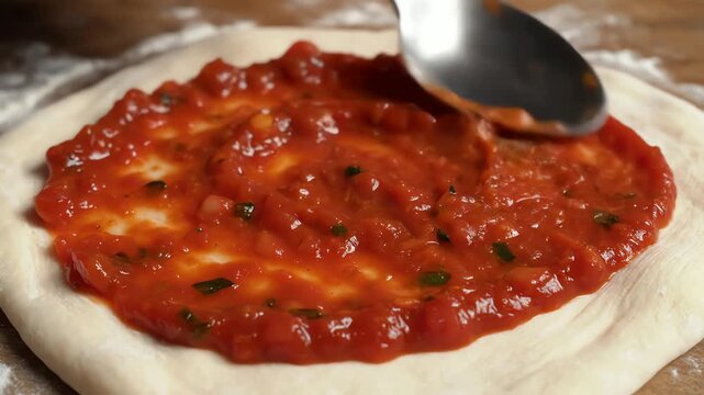 Applying tomato sauce on dough with spoon close up preparation