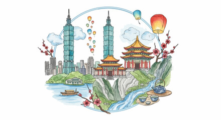 Naklejka premium Artistic watercolor scene of skyscrapers, traditional buildings, lanterns, and tea set