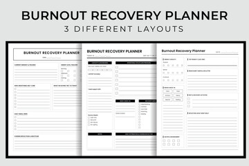 Obraz premium Burnout Recovery Planner Vector Illustration, Printable Mental Wellness and Self Care Journal, Stress Management and Energy Tracker Interior Template