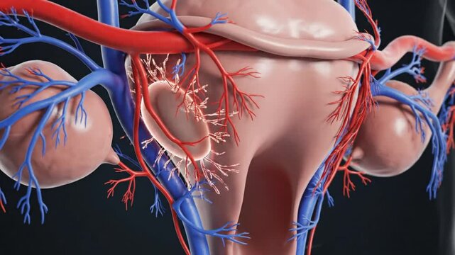 Anatomical 3D Animation of a Female Ovary Releasing an Egg, Highlighting Blood Vessels and Uterus