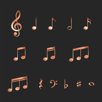 Set of golden musical notes and symbols, vector illustration.