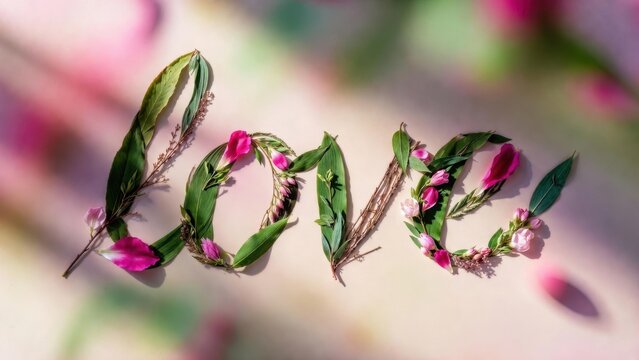 Floral letters forming word love arranged on pastel background