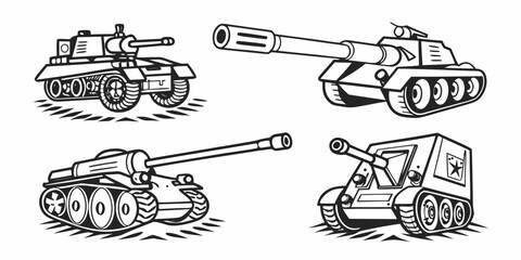 Four distinct military tanks depicted in a stylized, cartoonish manner. © Sk