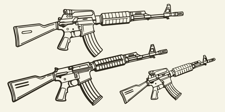 Three different types of assault rifles displayed in a row with detailed markings