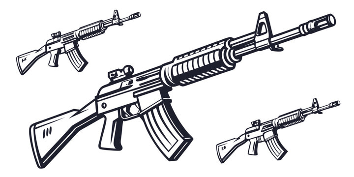 Assault rifles and submachine guns displayed in various orientations and angles