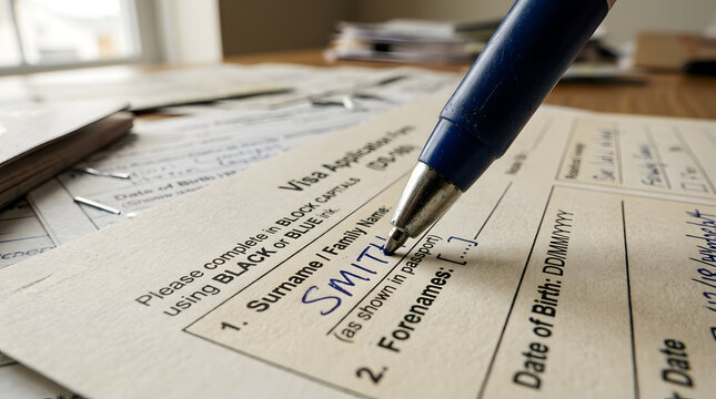 Schengen visa application form with Australian passport hotel reservation flight booking and identity documents on a grey background