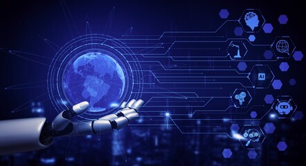 Obraz premium Robotic hand holding glowing digital earth with interconnected technology and data streams against a dark city background symbolizing global connectivity and artificial intelligence advancements