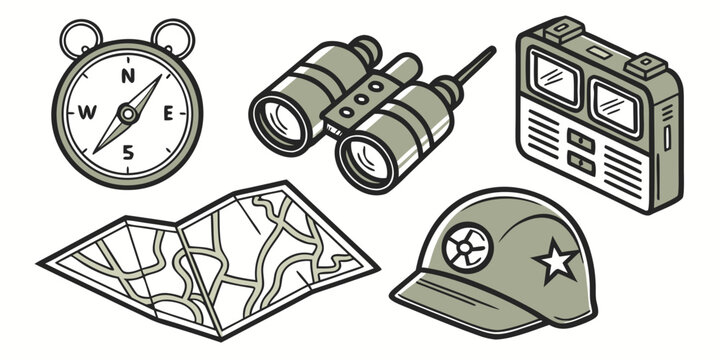 Assorted camping and hiking gear including a tent, backpack, and map