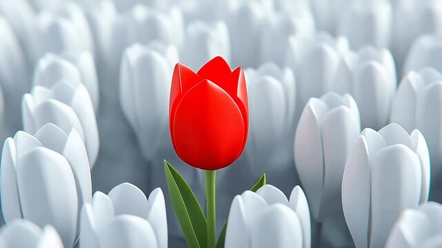 Single Red Tulip Standing Out Among White Blooms