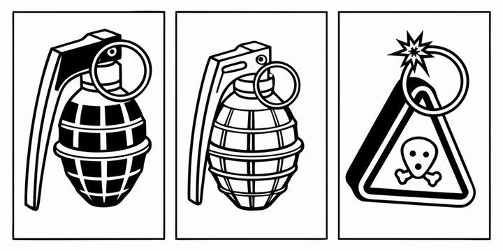 Three different types of grenades and a skull keychain depicted in black and white