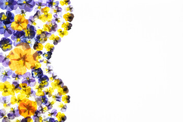 Kolorowe bratki po lewej stronie na białym tle – podświetlone płatki, wiosenne tło z miejscem na tekst © Elżbieta Kaps