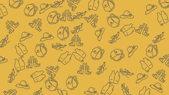 Backpacks, hats, and various items arranged on a gold surface. Perfect for travel or fashionrelated designs with a stylish touch.