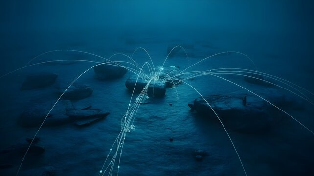 Deep ocean floor with global submarine internet cables connecting continents, glowing data streams moving through fiber lines beneath the sea illustrating worldwide digital communication infrastructur