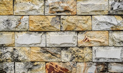 Rough natural stone wall texture background with rustic brown and grey volcanic rock bricks. High resolution masonry surface for architectural exterior design, construction, and 3D rendering